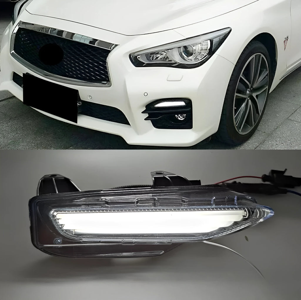 Infiniti Q50 Q70 front bumper LED daytime running light and fog lamp assembly in ABS housing