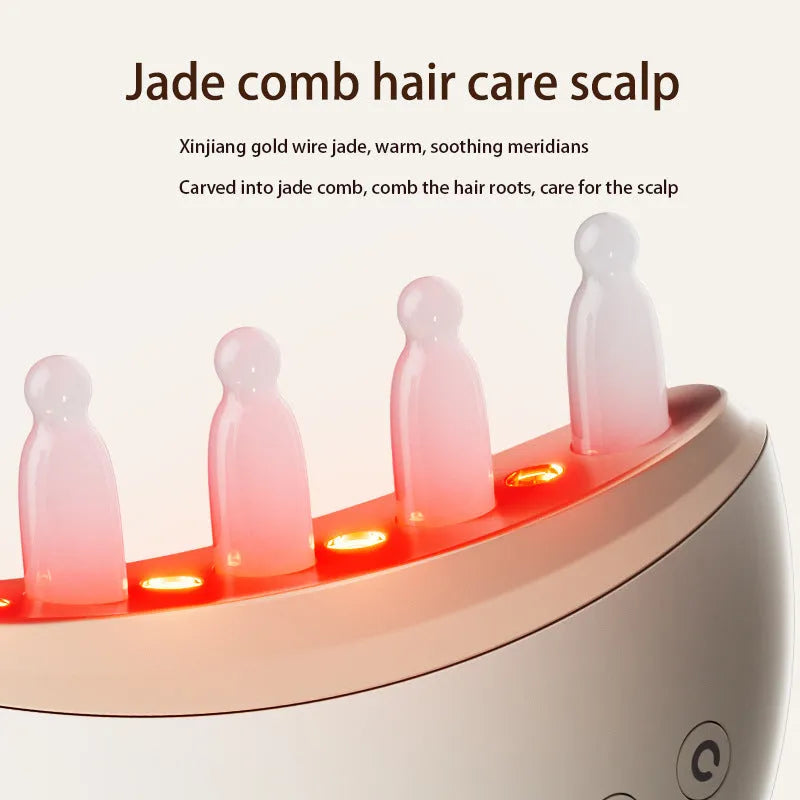 White electric moon comb with jade scalp massage surface and USB power, three gear settings.