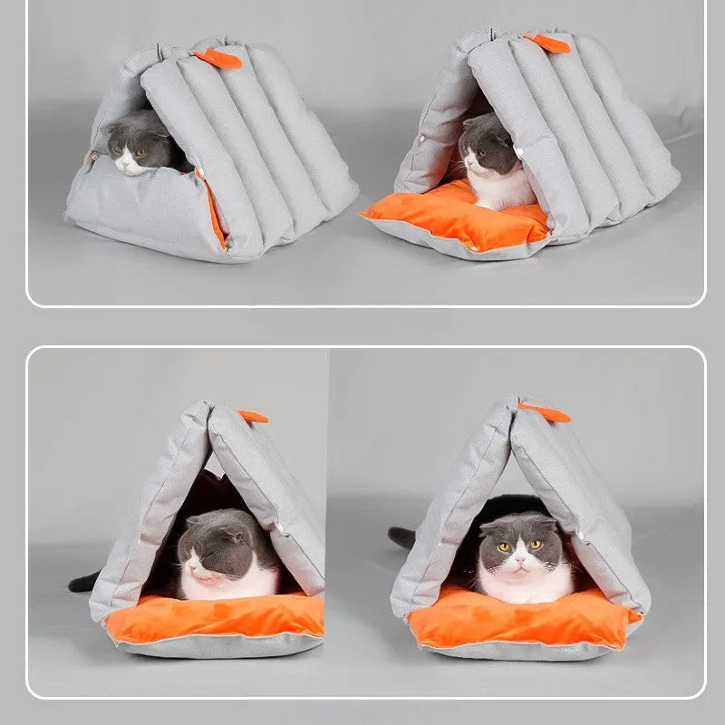 Blue triangular cat nest bed with drilled holes for modular connection and removable cotton cover