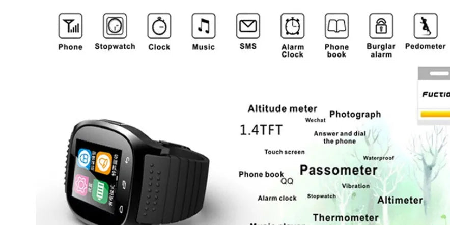 Smart Bluetooth sports watch in black white blue colours with fitness tracking features