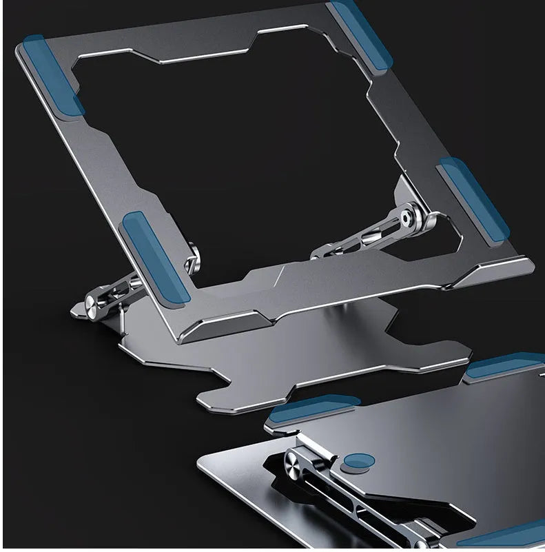 Grey aluminium adjustable laptop stand in folded and open positions, showing hollow design