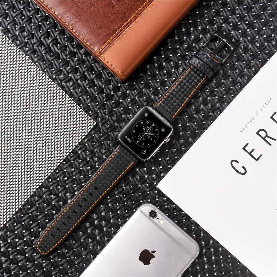 Carbon fibre and leather strap for iPhone watch with PC hard case in black, blue, orange, and red colour options.
