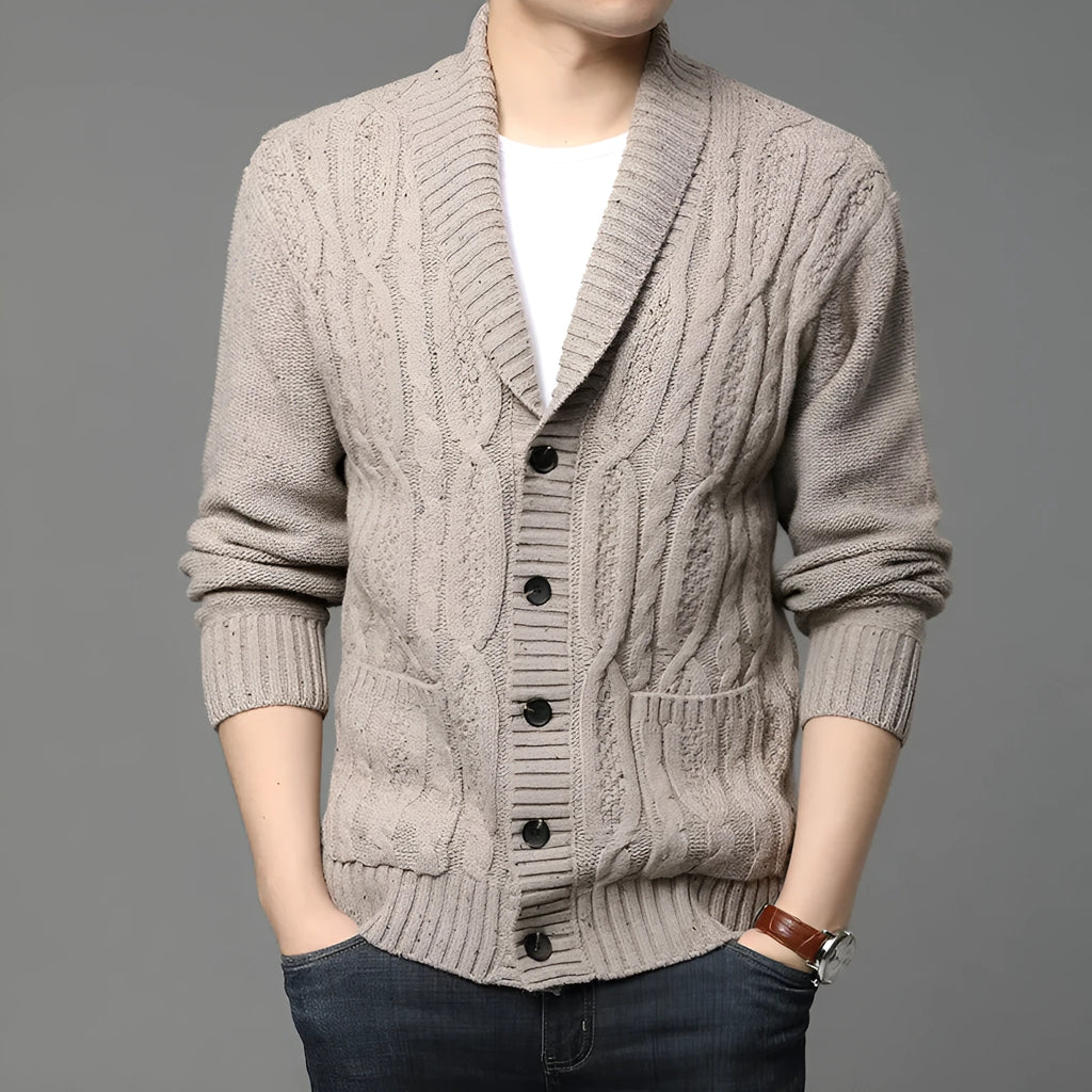 Korean style jacquard pattern knitted cardigan for men in straight cut with button front