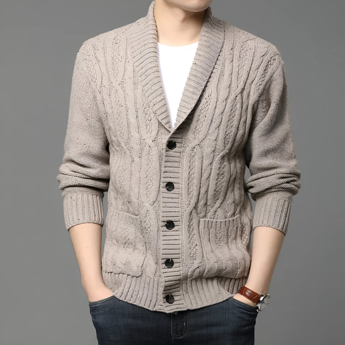 Korean style jacquard pattern knitted cardigan for men in straight cut with button front