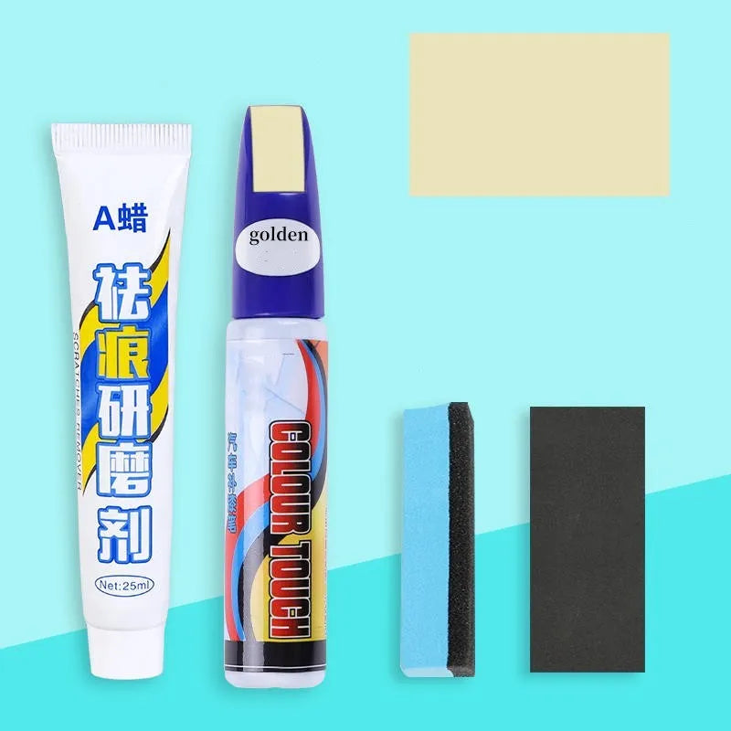 Automotive paint repair pen kit with scratch wax, paint pen, sponge, and sandpaper for car scratches