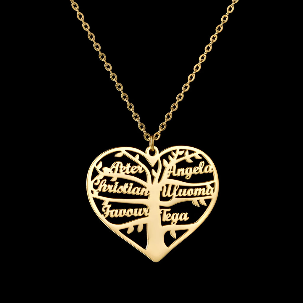 Custom stainless steel name necklace with heart and tree pendant, shown in silver, gold, and rose gold finishes.