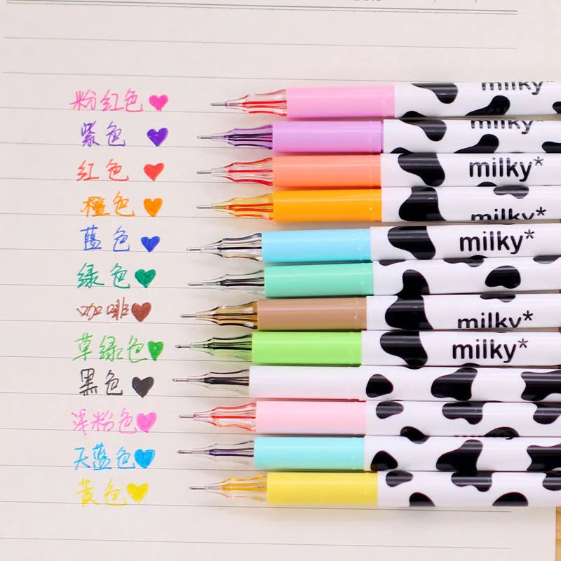 Pack of twelve assorted colour gel pens with 0.38mm fine tips and plastic cow print design barrels.