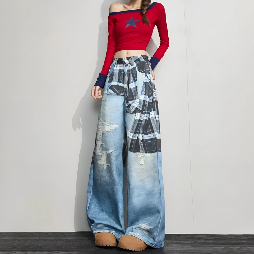Blue patterned wide-leg cotton casual pants with mid-rise waist, loose straight cut, sizes XS to 3XL