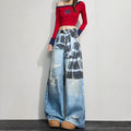 Blue patterned wide-leg cotton casual pants with mid-rise waist, loose straight cut, sizes XS to 3XL