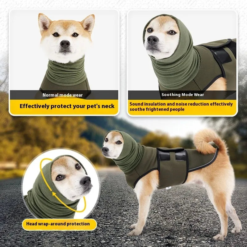 Dog wearing army green anti-anxiety jacket for stress relief during thunderstorms