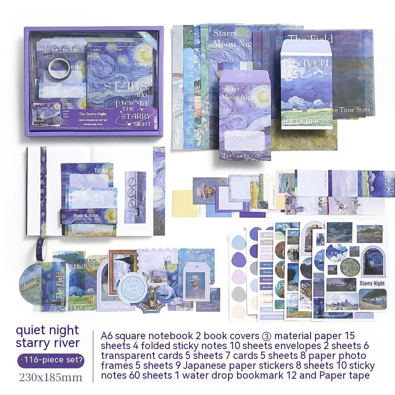 A6 grid creative journal gift box with retro plaid cover showing notebook, material paper, sticky notes, and stationery accessories