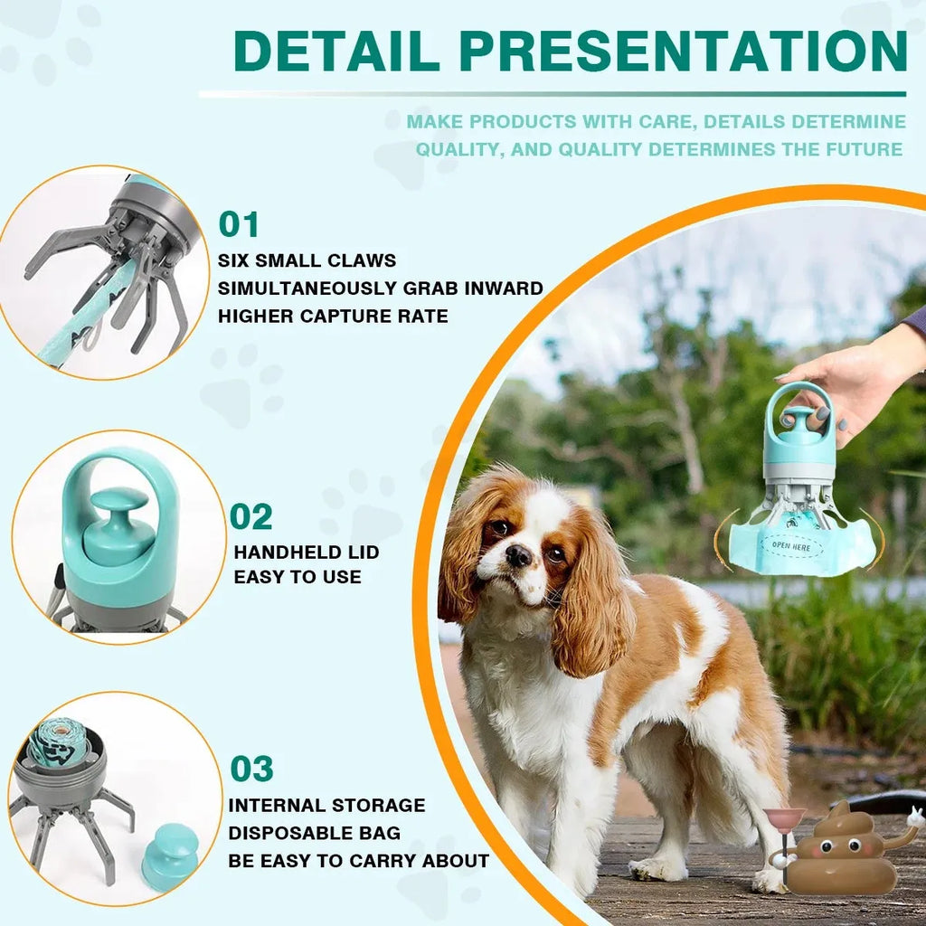 Blue outdoor claw pooper scooper for pet waste with integrated bag dispenser.