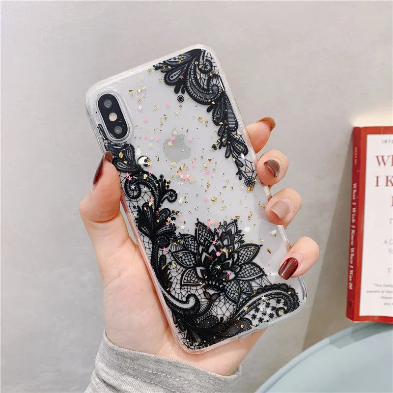 Gold foil epoxy flower and fruit TPU phone case for iPhone, multiple colour styles