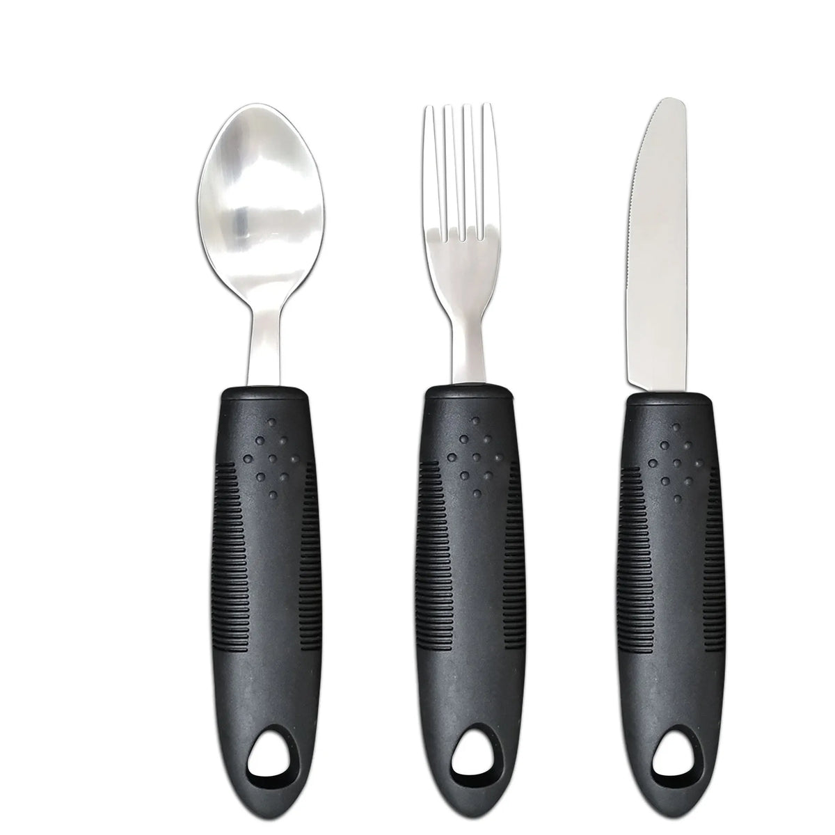 Anti-shake adaptive tableware set with stainless steel utensils and rubber handle grips