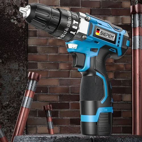 12V two-speed pistol grip impact drill and screwdriver set in a plastic storage case.