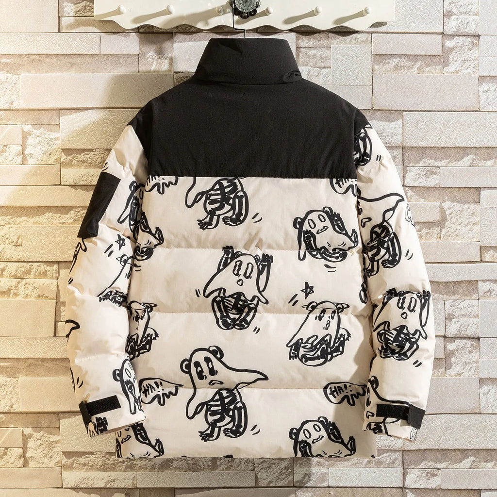 Korean style loose bread clothes winter men hooded jacket in beige or blue, thick polyester fill, sizes M to 4XL