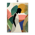 Abstract African women flower leaf mural canvas painting, frameless rectangular oil on canvas wall art