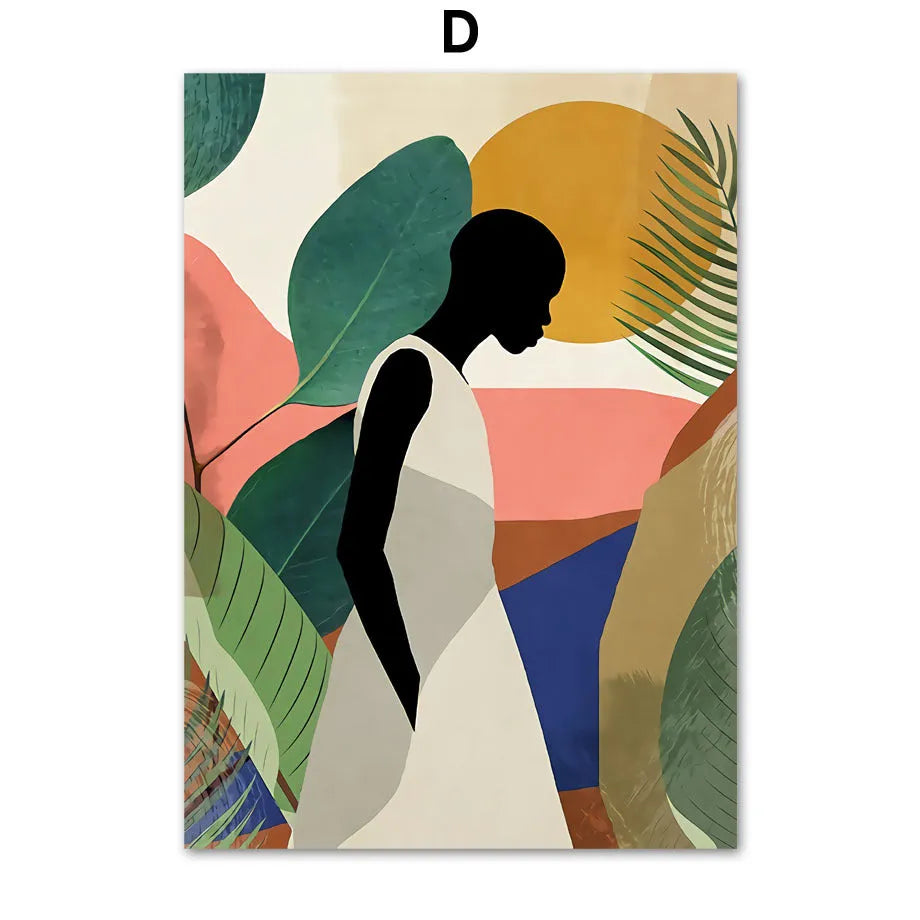 Abstract African women flower leaf mural canvas painting, frameless rectangular oil on canvas wall art