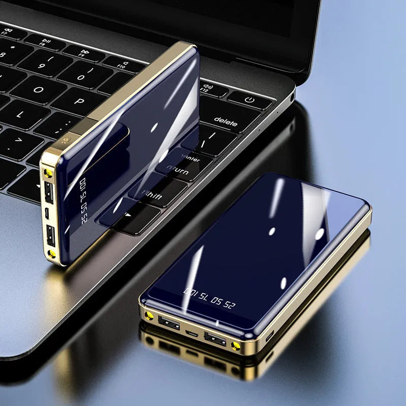 Square aluminum shell power bank with digital display showing charge percentage, in black colour option.