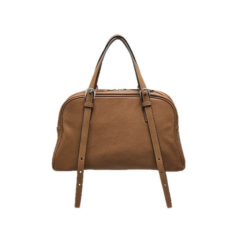Women's retro style genuine leather shoulder bag in horizontal square shape with double straps