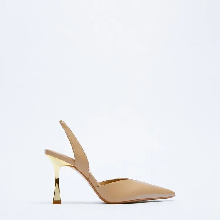 Korean style nude pointed high heels in patent leather with shallow mouth design in apricot colour