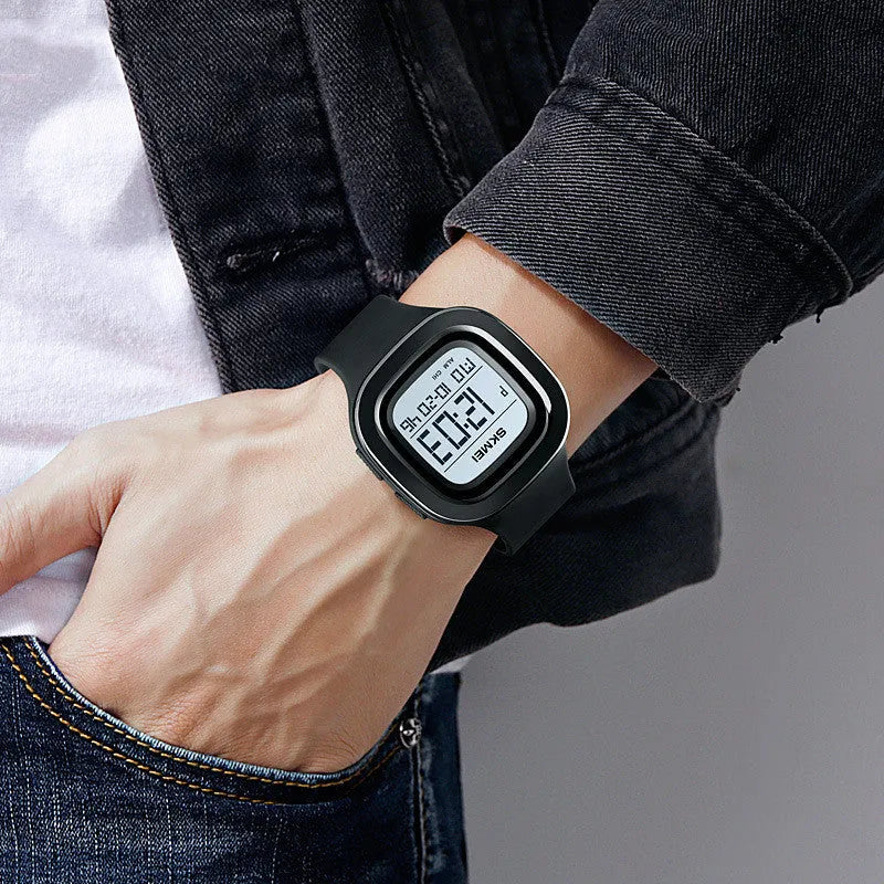 Men's square electronic sports watch with PU strap, stainless steel buckle, available in blue, Army Green, black, and camouflage.