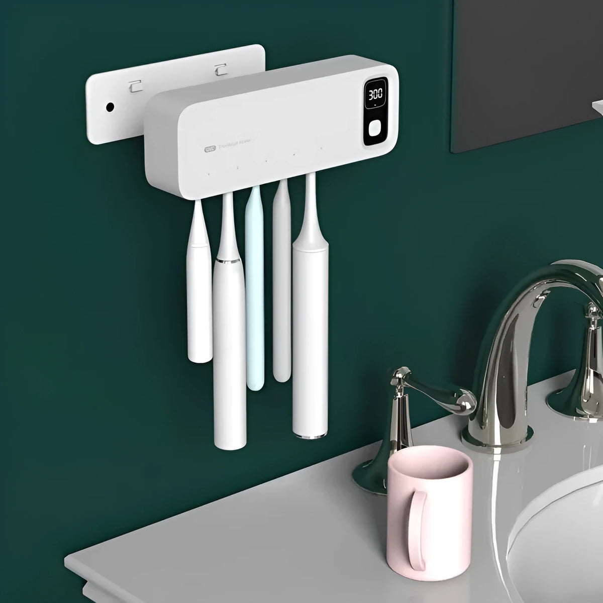 UV toothbrush holder sterilizer wall-mounted with LED display, black ABS, 217mm wide, rechargeable.