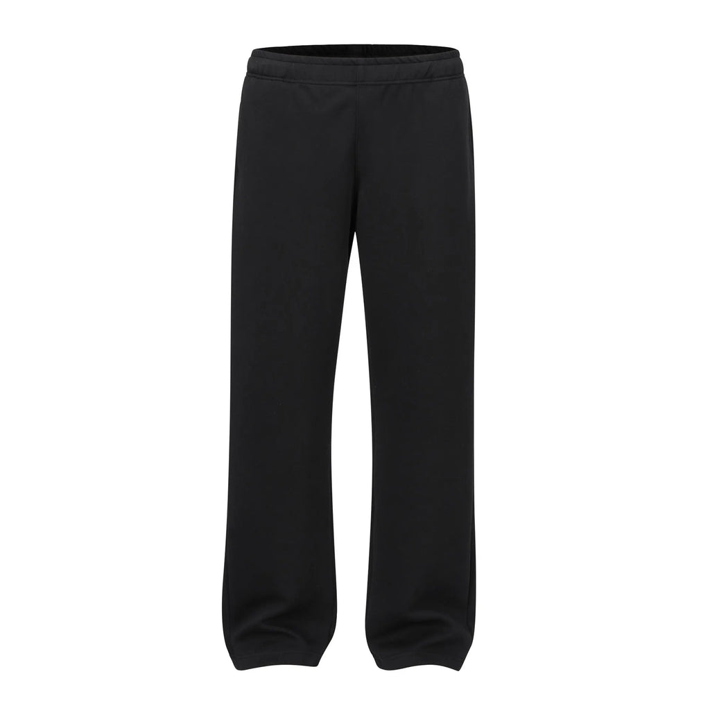 Men's grey straight-leg cotton casual trousers with an elasticated waistband laid flat.