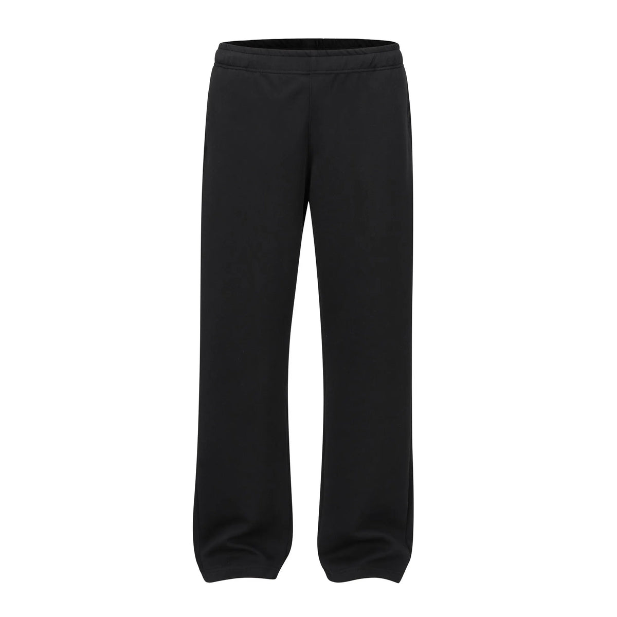 Men's grey straight-leg cotton casual trousers with an elasticated waistband laid flat.