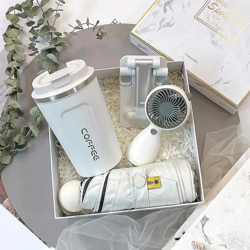 L Company metal business gift set with bracket, keychain, umbrella, cup, and data cable in modern simplicity style