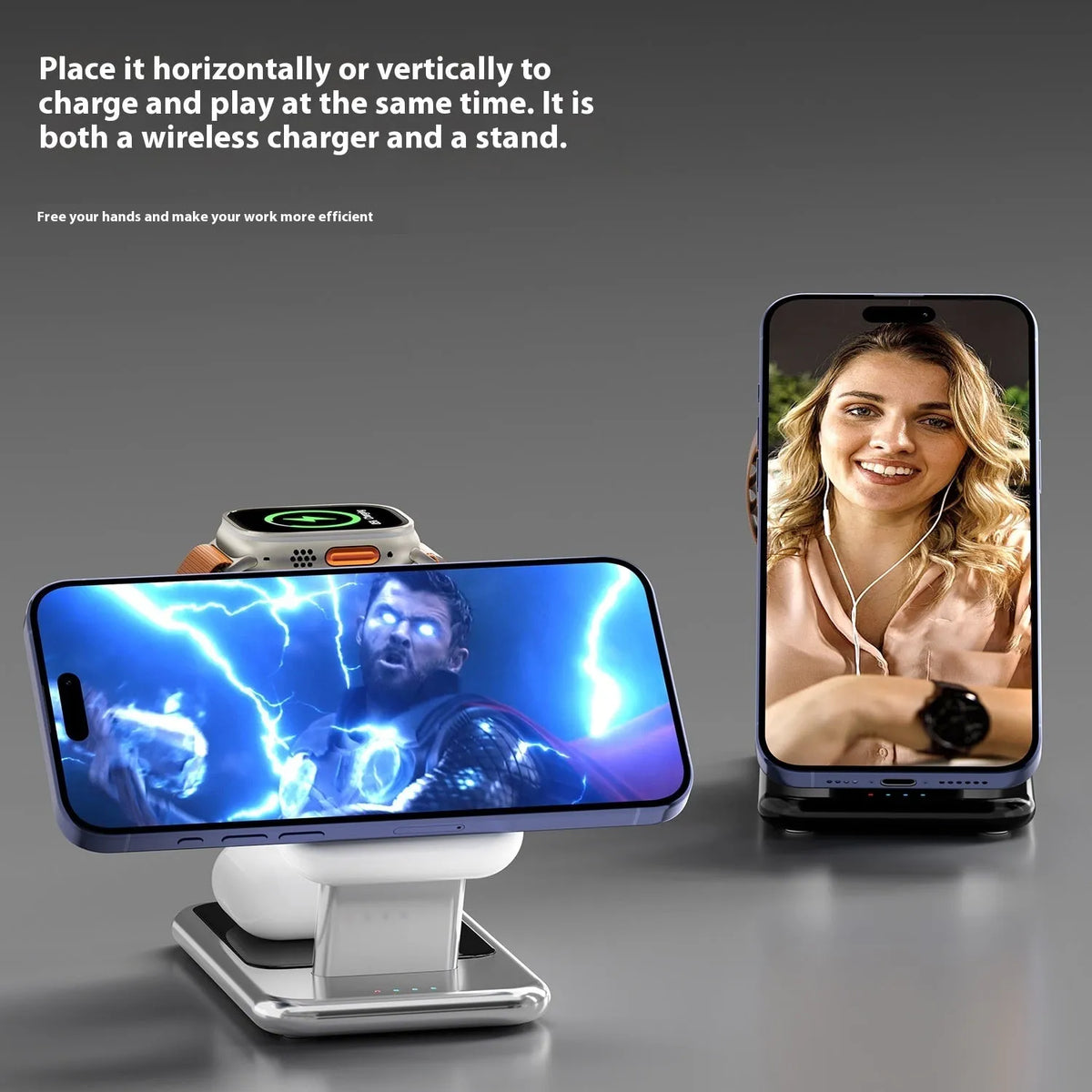 3-in-1 magnetic wireless charging bracket in black with phone, watch, and earbuds placed on charging pads