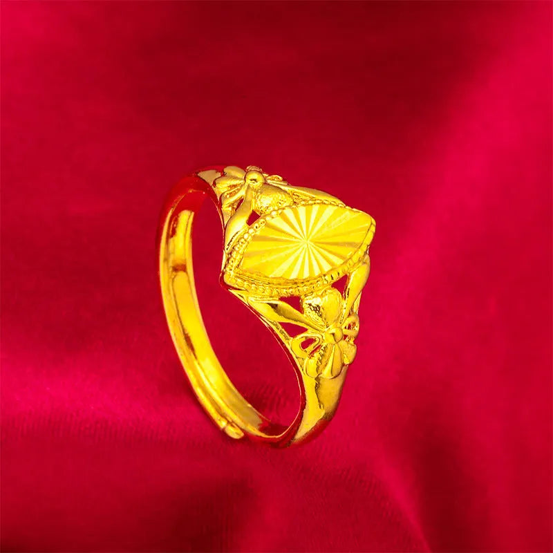 Alluvial gold open flower ring for girls featuring geometric texture and adjustable brass band