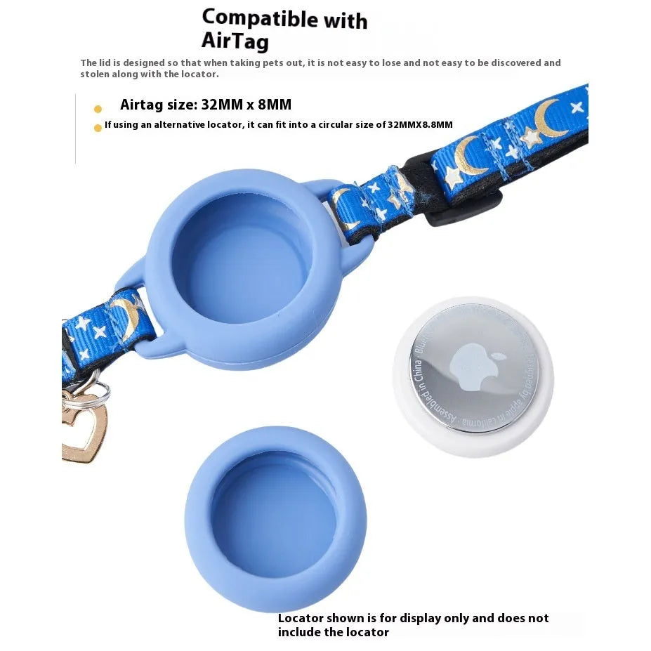 Plastic AirTag holder attached to cat collar with adjustable sizing and protective case