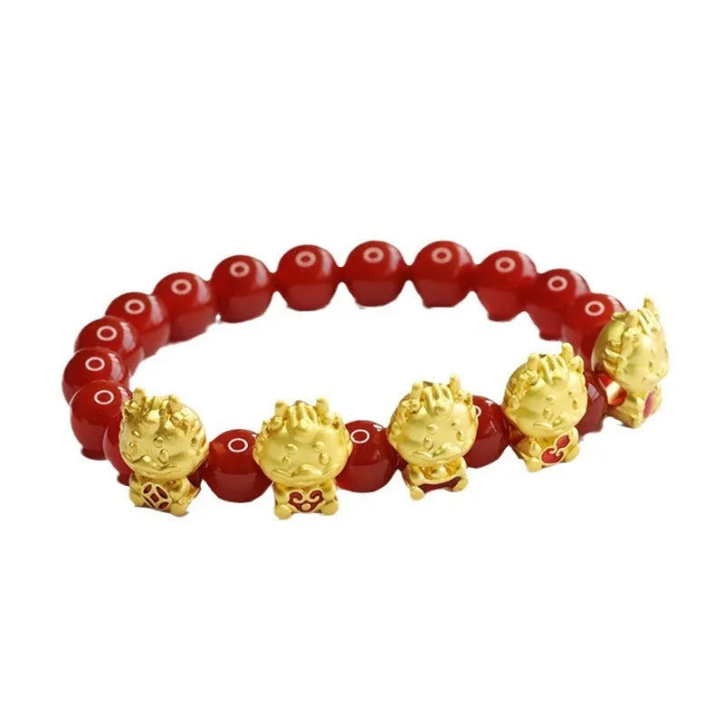 Red agate Five Blessing Dragon bracelet with 8mm beads on a wrist.