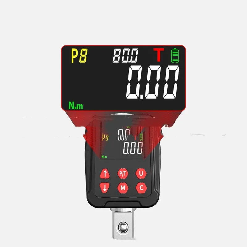 Digital torque meter with display screen on a 1/2-inch square drive, part of a three-piece set.