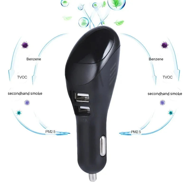 White car USB charger and air purifier combo device with negative ion generator.