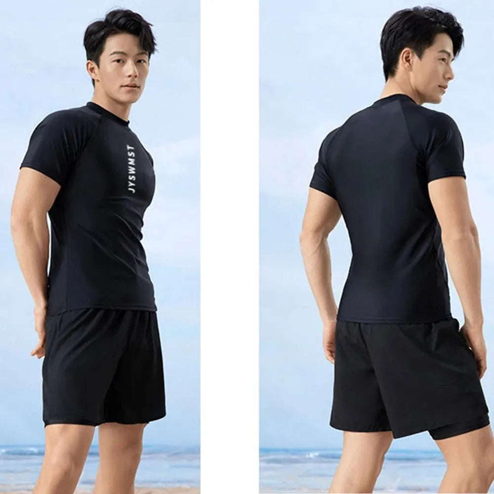 Men's two-piece polyester swimsuit set in plus sizes with matching top and swimming trunks