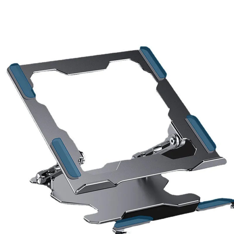 Grey aluminium adjustable laptop stand in folded and open positions, showing hollow design
