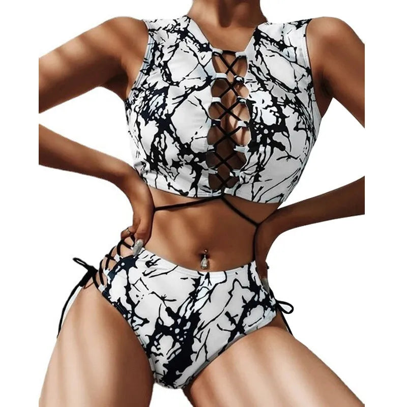 Ladies two-piece bikini set in black and white tie dye with chest pad, sizes S M L