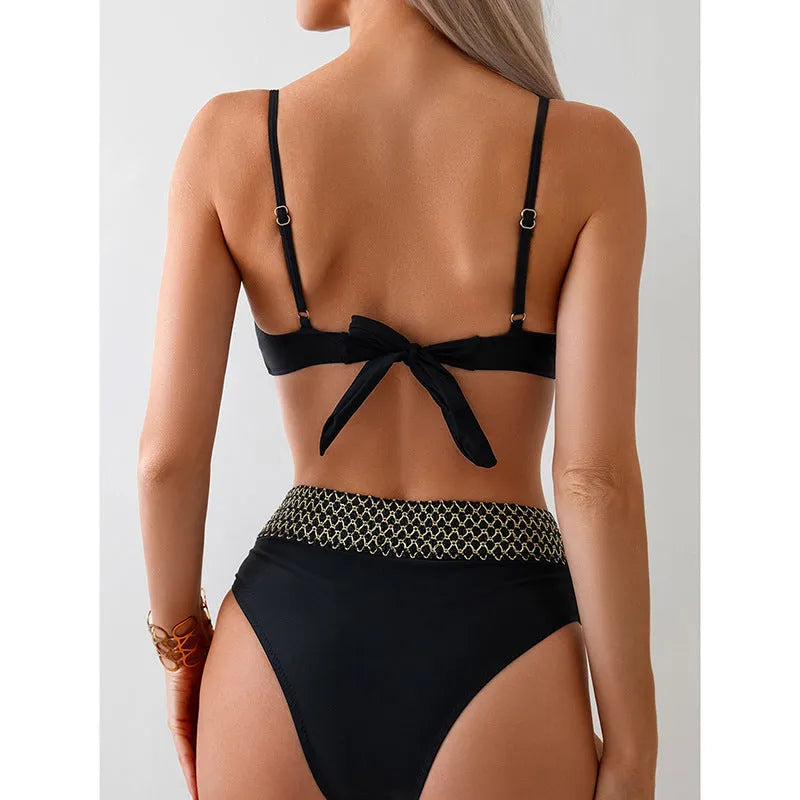 Black high elasticity polyester bikini swimsuit set with sleeveless top and briefs.