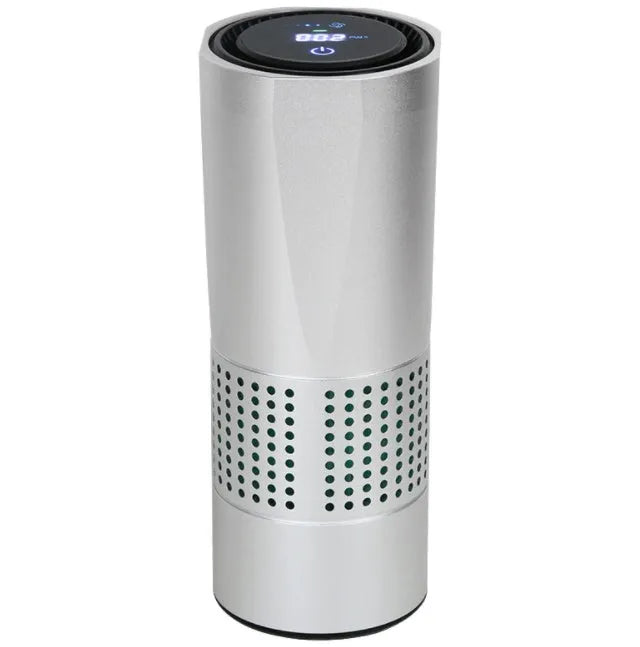 A7 model aluminium alloy car air purifier with display showing air quality, USB cable, and infrared sensor for gesture control.