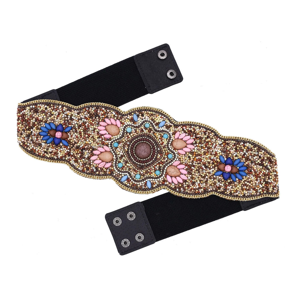 Beaded imitation turquoise elastic waistband belt in faux leather with stitching, ethnic style, single loop, 115cm