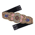 Beaded imitation turquoise elastic waistband belt in faux leather with stitching, ethnic style, single loop, 115cm