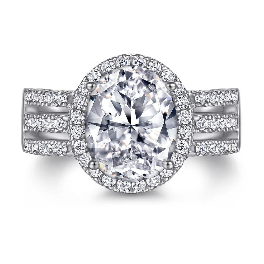 Silver oval inlaid zircon ring for women on white background US sizes 5 to 10