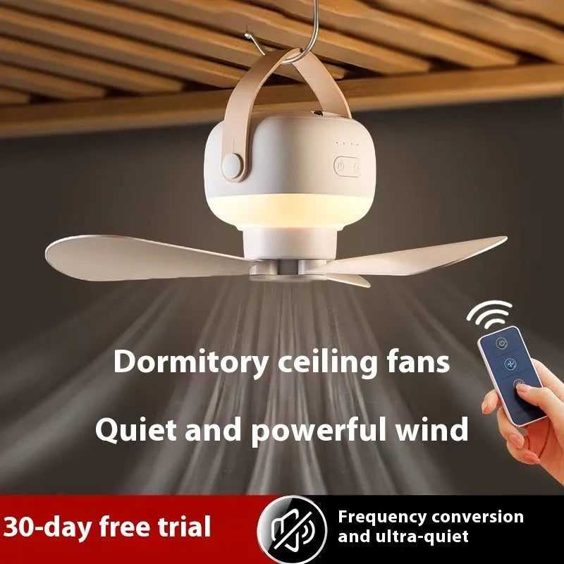 Portable rechargeable ceiling fan with remote control and night light for camping.