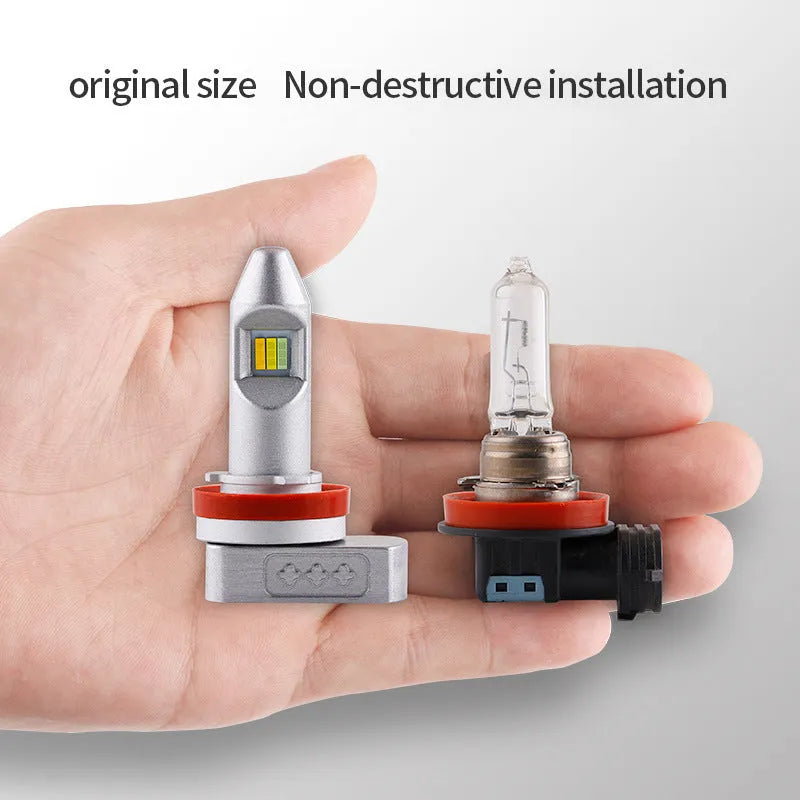 LED fog lamp retrofit bulb with aluminium housing shown alongside H8 H11 9005 format options