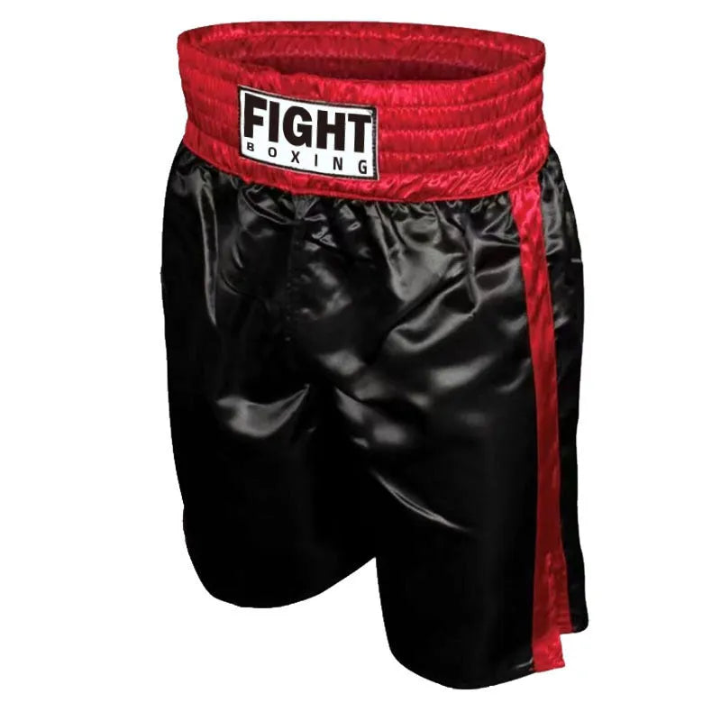 A pair of black and gold waist boxing shorts with an elasticated waistband and drawstring.