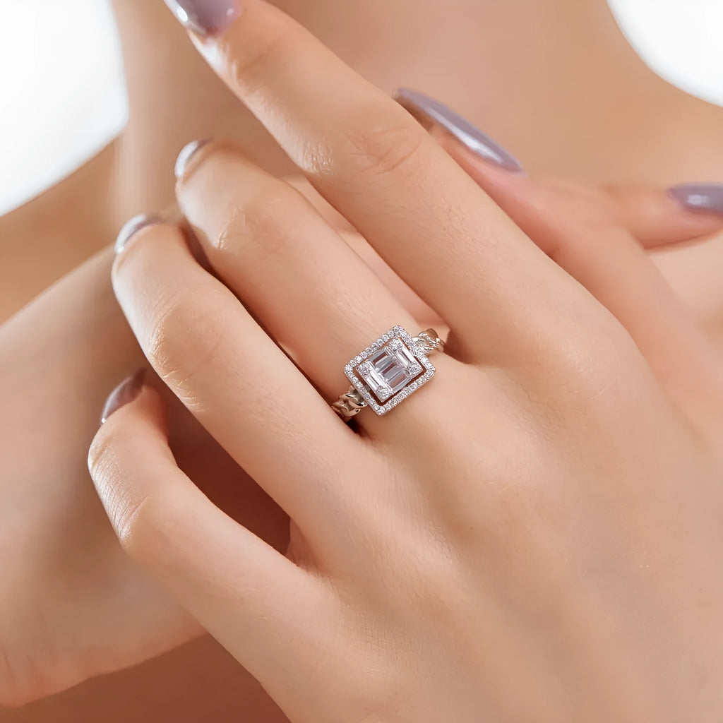 S925 sterling silver open ring for women with full diamond inlay and belt chain design in platinum white diamond finish