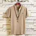 Men's Chinese style short-sleeved T-shirt with embroidery and retro buckle, cotton linen, khaki black grey