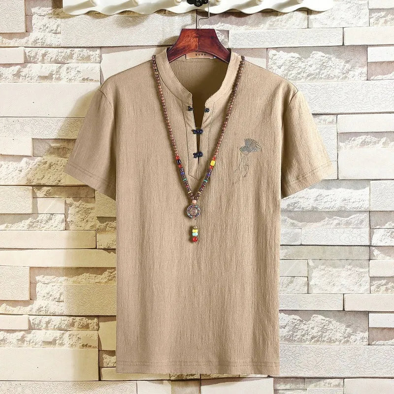 Men's Chinese style short-sleeved T-shirt with embroidery and retro buckle, cotton linen, khaki black grey
